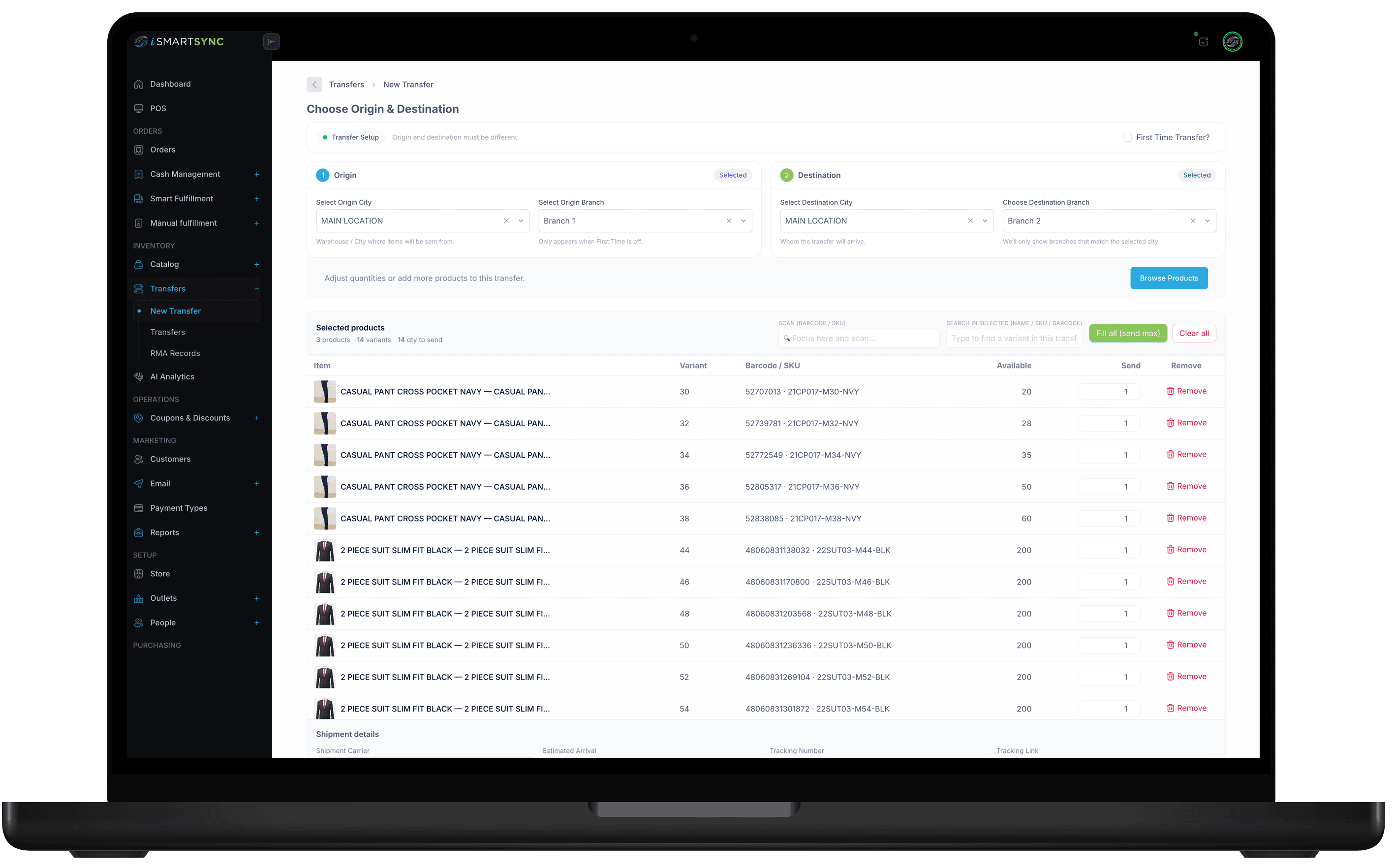 Inventory transfer dashboard