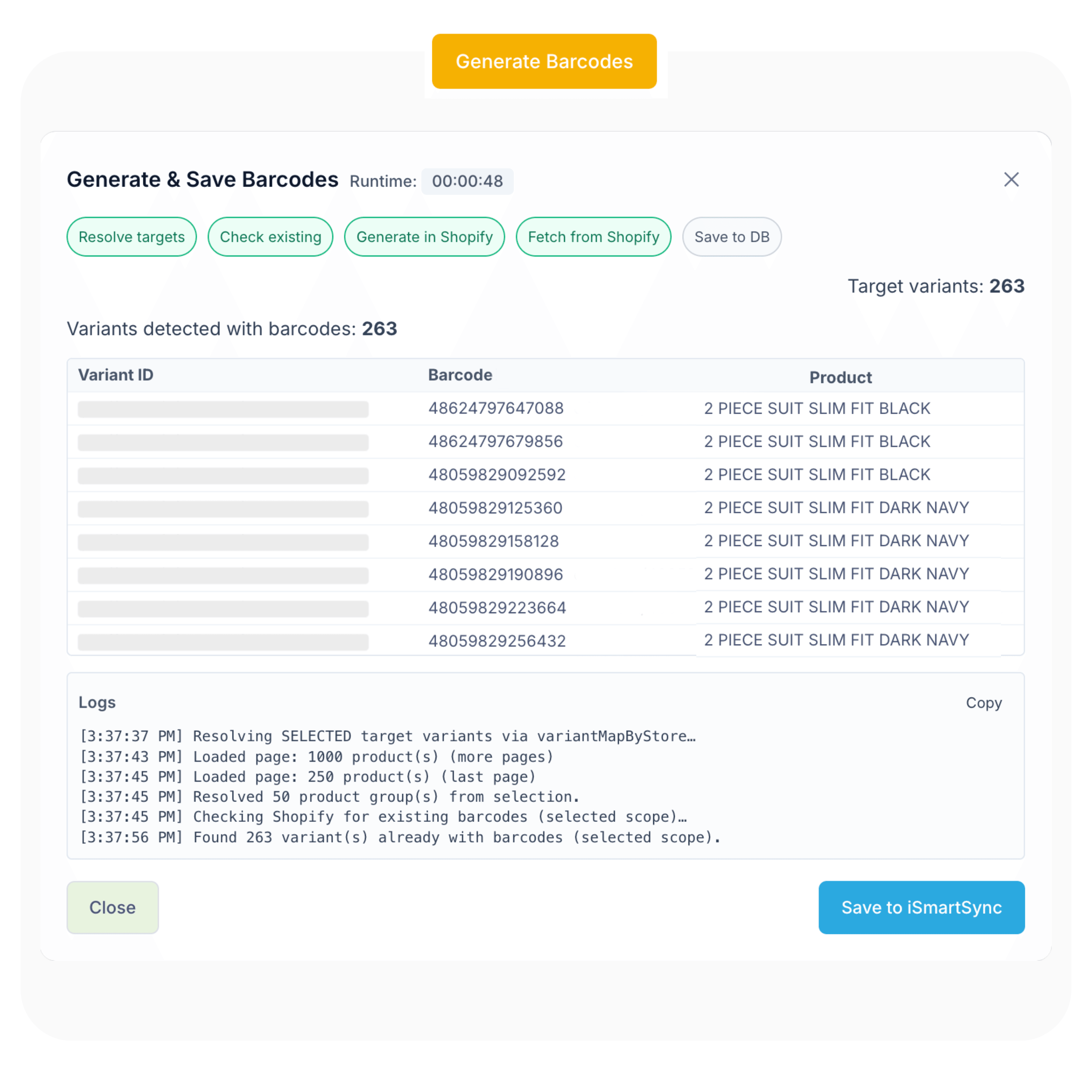 Barcode generator + label builder workflow in iSmartSync