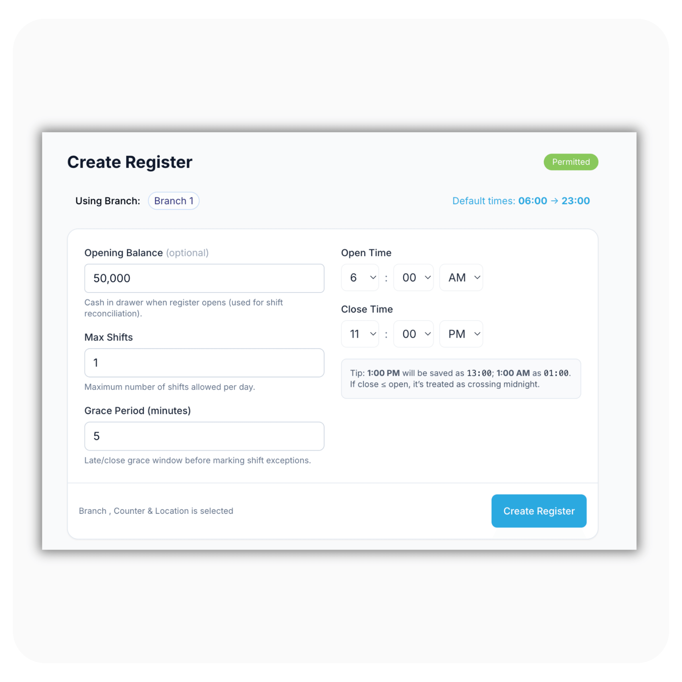 Register and shift workflow overview