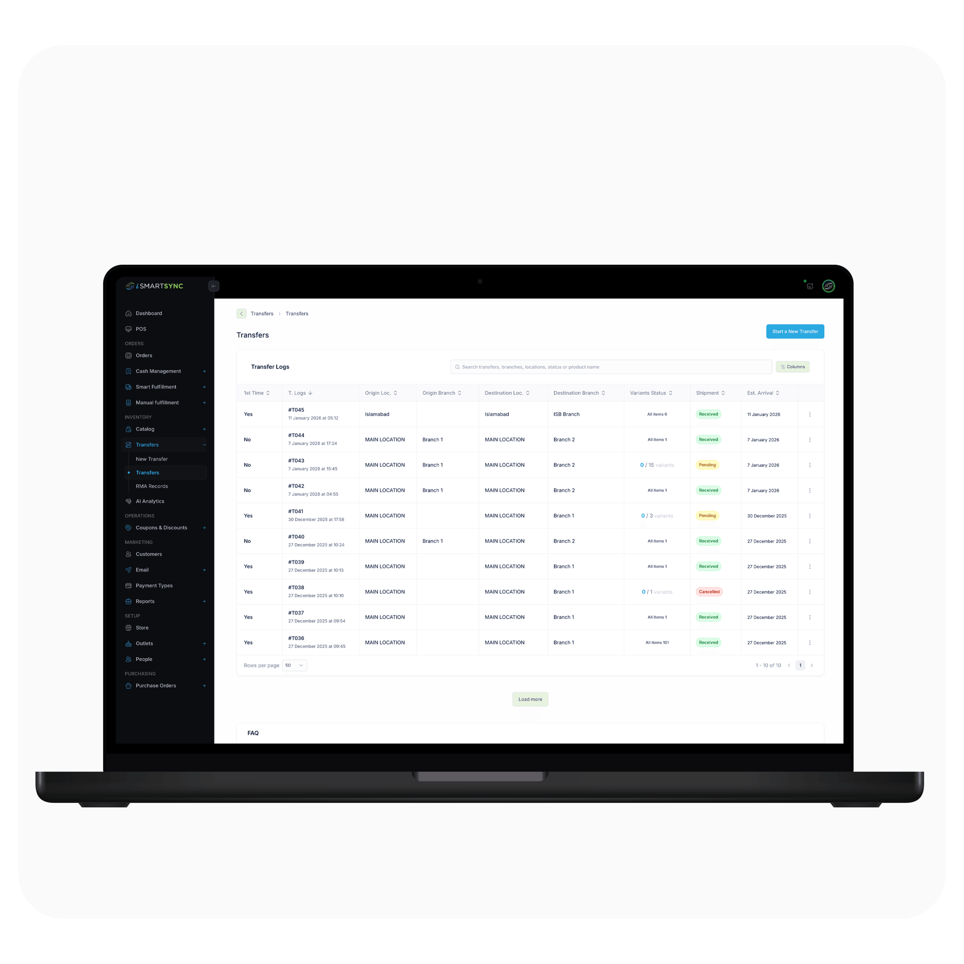 Stock transfer log and branch movement history