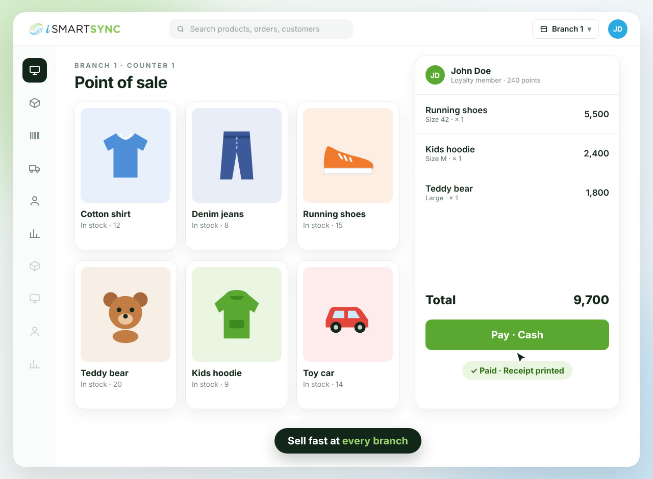 iSmartSync screens: point of sale, branch stock, barcode labels, courier booking, loyalty and reports